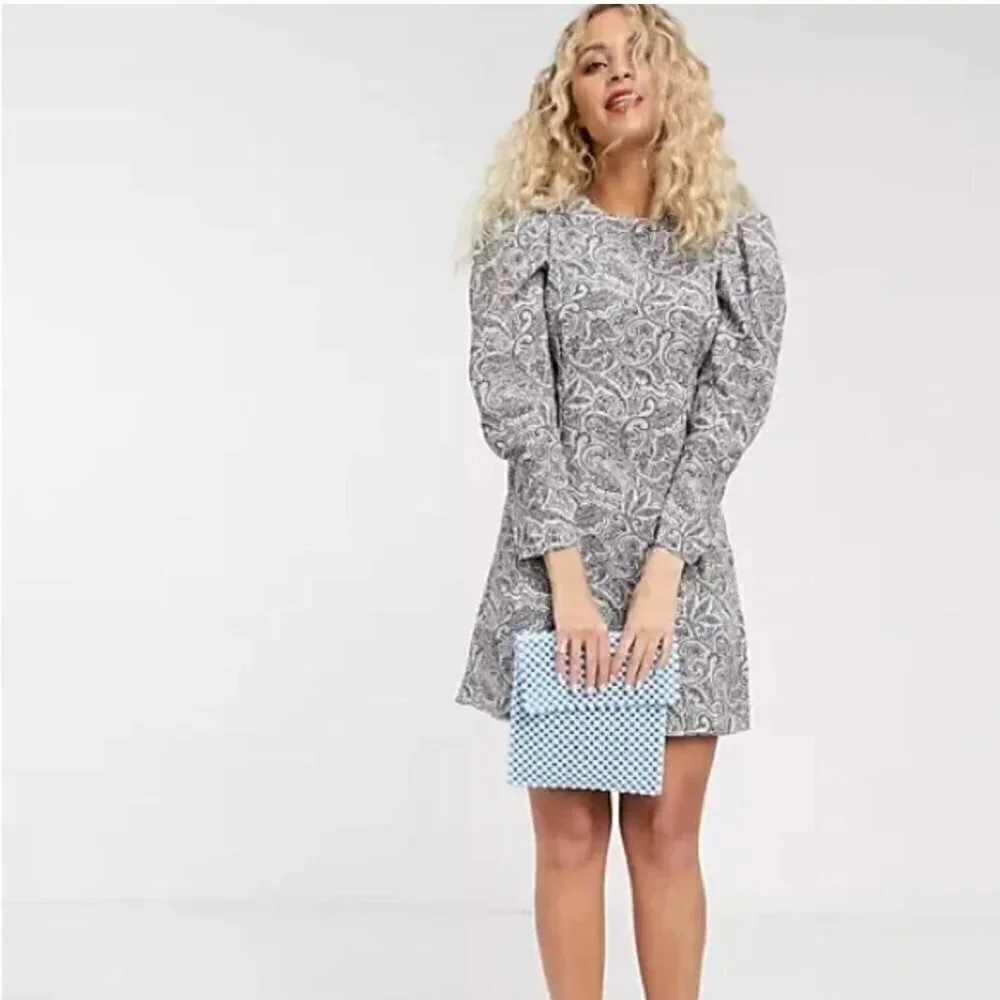 & Other Stories Women's Size 6 Paisley Puff Sleeve Mini Dress White Black Long